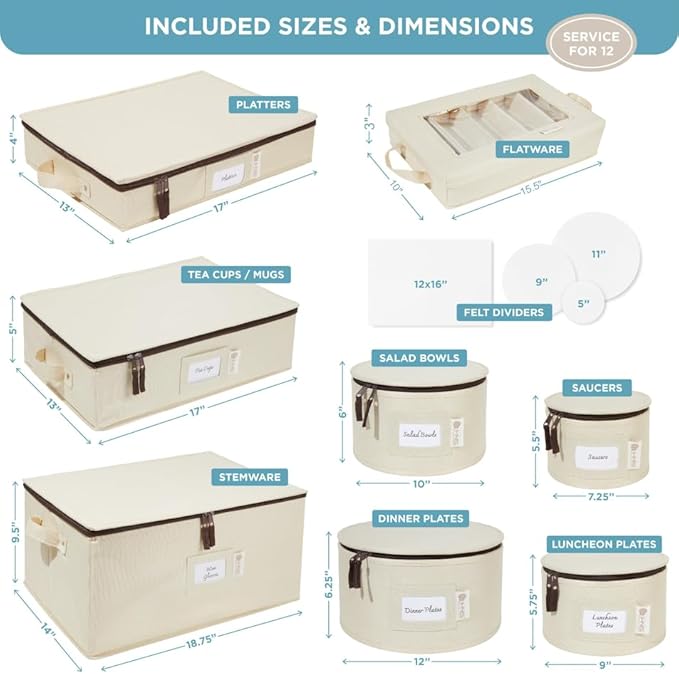 China Storage Hard Shell Containers 8-Piece Set Moving Boxes for Dinnerware, Glasses, Plates, Mugs and Saucers Sturdy Dish Organizer with Dividers for Seasonal Storage - Service for 12 - Beige