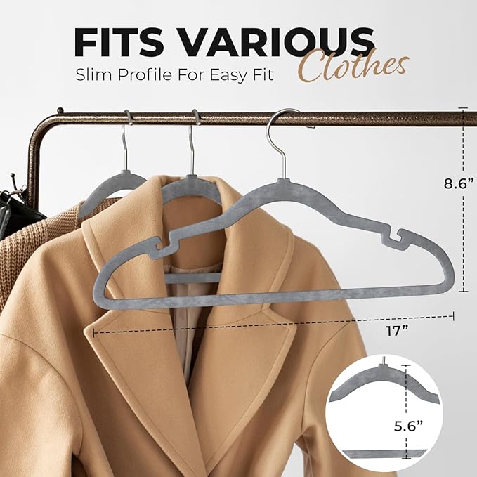 50 Pack Velvet Hanger for Shirt Pants Dresses Skirts Suits Jackets - Slim Space Saving Design - Standard Coat Hanger - Sturdy & Durable Design with Shoulder Grooves Hook