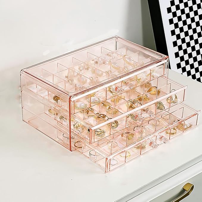 Earring Organizer Box Acrylic Stackable Jewelry Organizer with 3 Drawers 72 Small Compartments Clear Jewelry Display Stand for Stud Earring Ring Pin Display (Pink)