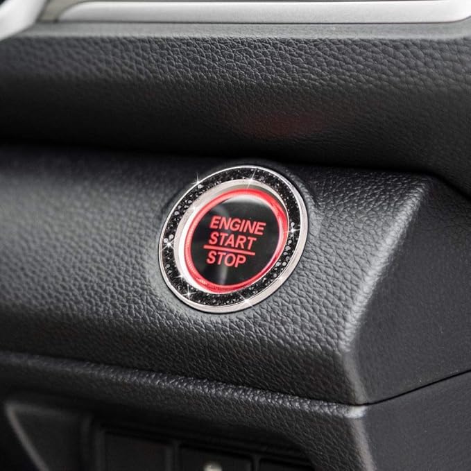 ToBeQueen Bling Car Crystal Rhinestone Ring Emblem Sticker, Car Interior Decoration, Bling Car Accessories for Women, Push to Start Button, Key Ignition Starter & Knob Ring (Black)