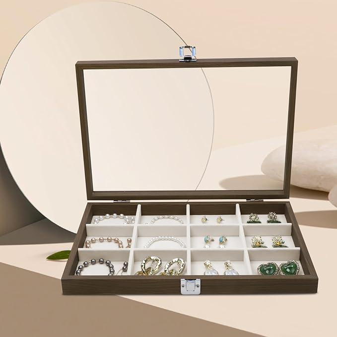 Wudygirl 12 Grid Jewelry Tray Wooden Jewelry Organizer with Clear Lid Vintage Jewelry Box Jewelry Display Case for Women Bracelet Earring Holder Organizer（12 Grid）