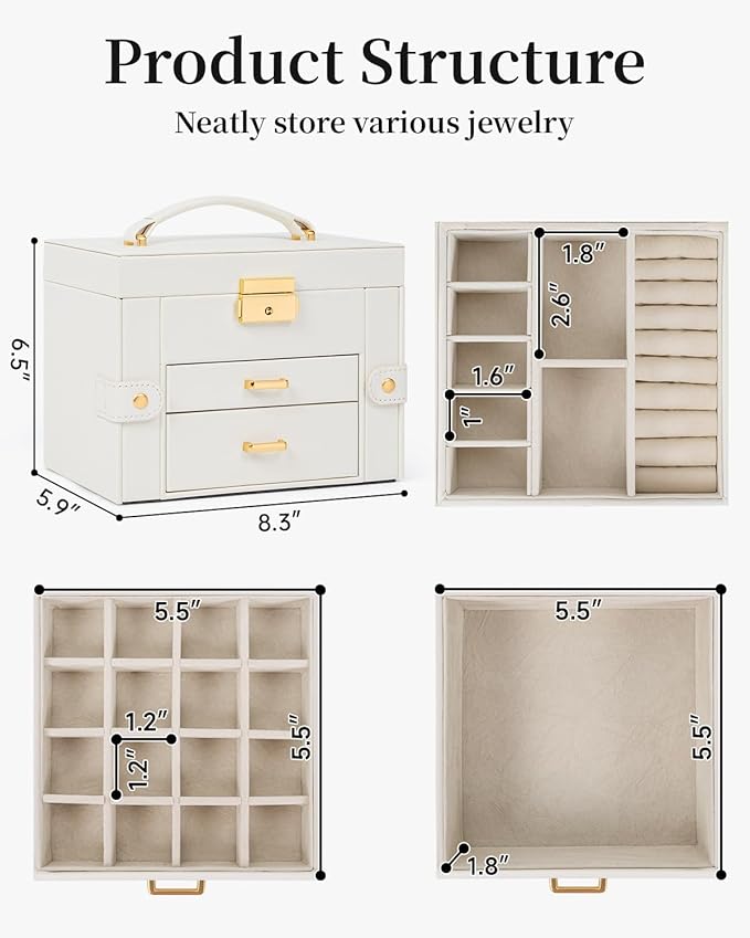 TORIBIO Jewelry Box for Women, Leather Jewelry Organizer with Mirror & Lock, 3-Tier Jewelry Storage Organizer with 2 Drawers for Girls/Women/Mothers, Necklace Earring Bracelets Holder Organizer