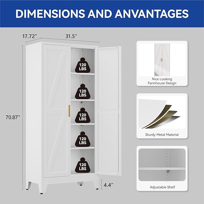 COFaR Metal Wardrobe Closet, Bedroom Armoire with Adjustable Hanging Rod and Shelves, Farmhouse Broom Closet Storage Cabinet for Garage Laundry Office, Roperos para Guardar Ropa, 71'' Tall White