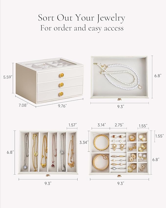 CASEGRACE Jewelry Box for Women with Glass Lid - Leather Jewelry Storage Organizer 3 Drawers for Necklaces, Rings, Earrings & Bracelets, Ideal Gift (White, 3 Layer)