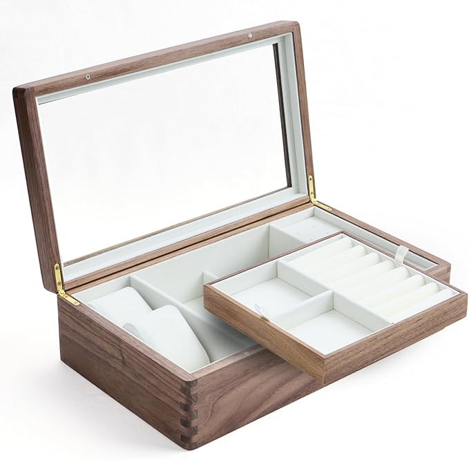 Beexchange Black Walnut Wooden Jewelry Box - Allwood, Handcrafted, Glass Lid Gift for Women, Men, and Girls. Jewelry Organizer Storage.(Single-Layer)