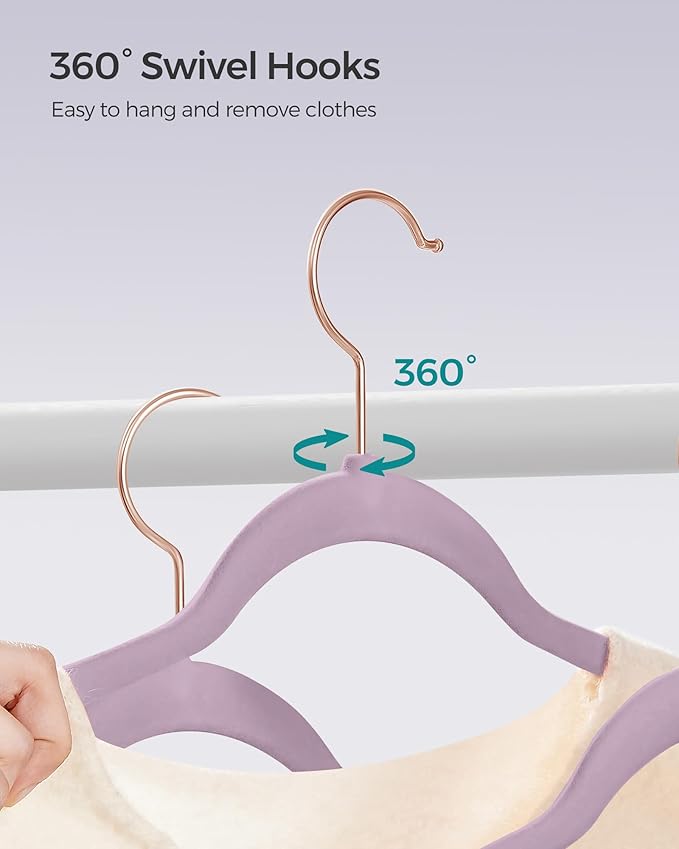 SONGMICS Slim Velvet Hangers, Non-Slip Clothes Hangers with Rose Gold Swivel Hooks, Space-Saving, for Closet, 50 Pack, Light Purple UCRF026P50