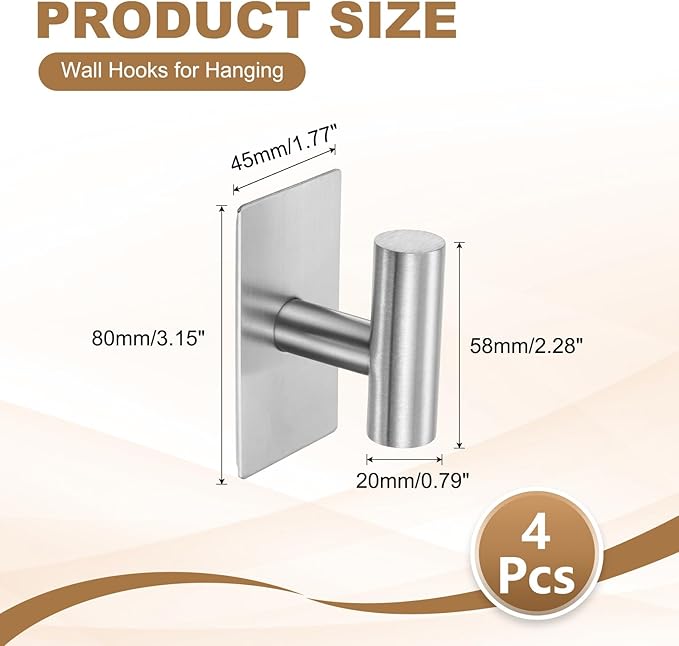 4 Pack Towel Hooks for Bathroom, Wall Hooks Self-Adhesive No-Drill Door Hanger Apply to Shower/Kitchen/Bedroom/Hanging Coat/Towel/Robe (Silver)