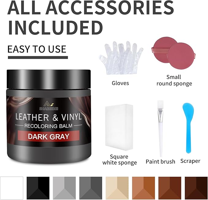 Leather Recoloring Balm and Scratch Repair Kit, Dark Gray Leather Restorer for Couches, Furniture, Car Seats, Leather Paint & Stain for Sofa, Chairs, Bags, and More
