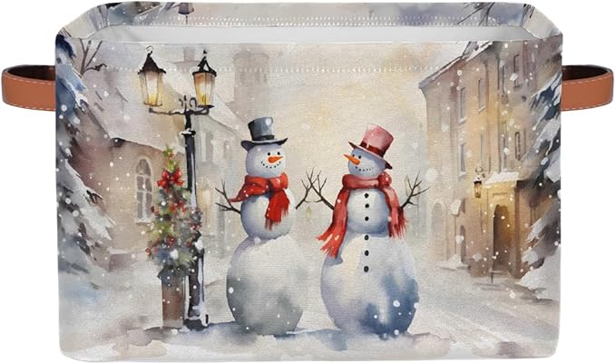 Storage Baskets Bin, Christmas Winter Snowman Collapsible Canvas Fabric Storage Bin Decorative Baskets Toy Organizer Rectangle Storage Boxes with Handles for Home Shelves Nursery, J-018