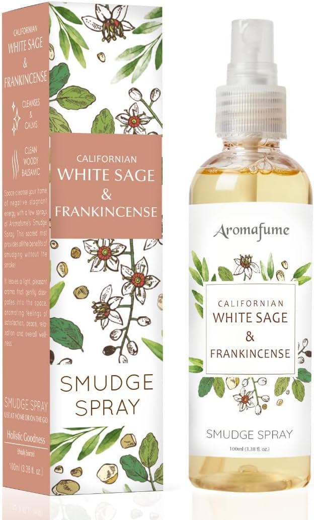 White Sage & Frankincense Smudge Spray by Aromafume | 100ml/3.3 oz | Sage Spray for Cleansing Negative Energy & Protection | Non-Toxic | Room Spray for Spiritual Cleansing, Smokeless Sage Smudging