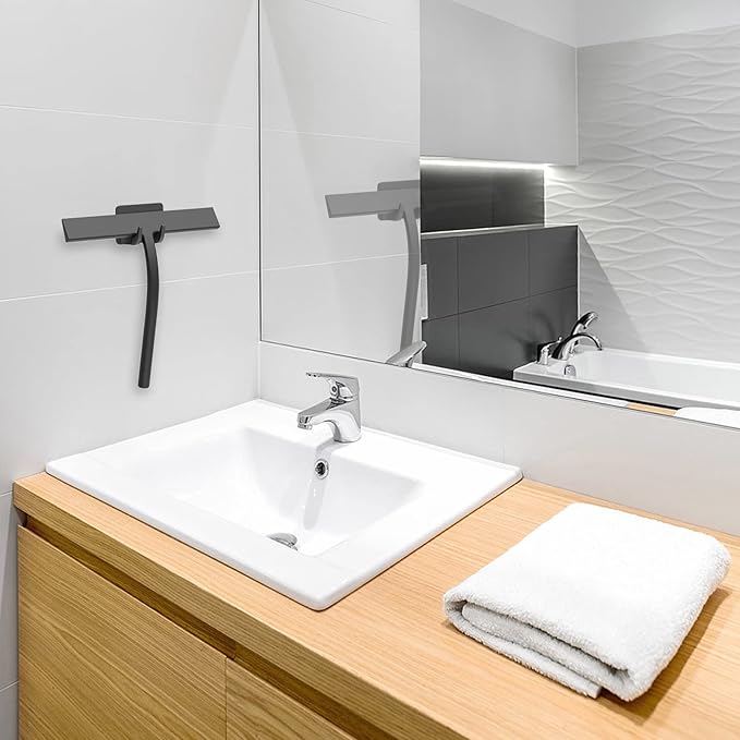 Anlynwooh All -Purpose Silicone Shower Squeegee for Shower Glass Door with Hook, Bathroom Accessories for Window Mirror Tile Car Shower Walls,Household Shower Cleaner Tool (Black, 11inch)