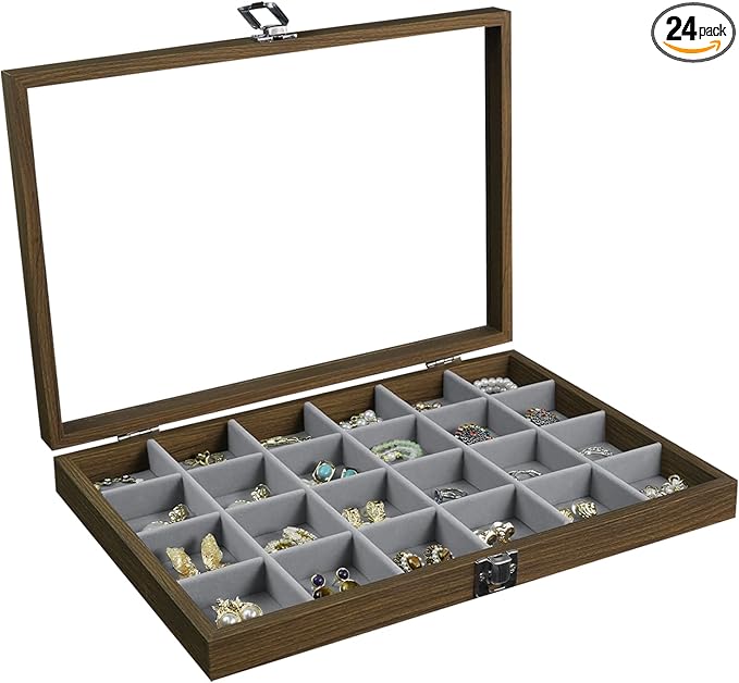 Stratalife Jewelry Organizer Vintage Jewelry Display Case Earring Box Wood Ring Storage with Lid Earrings Holder for Women Drawers 24 Grid