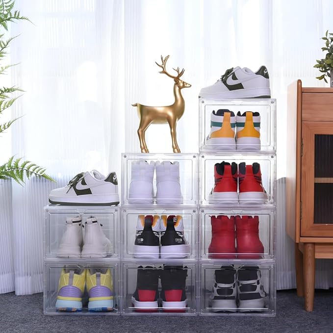 Large Clear Shoe Storage Boxes Stackable, 12 Pack Hard Plastic Shoe Storage Organizer with Magnetic Door, Shoe Container Sneaker Storage Display Case Fit up to US Size 12 Clear