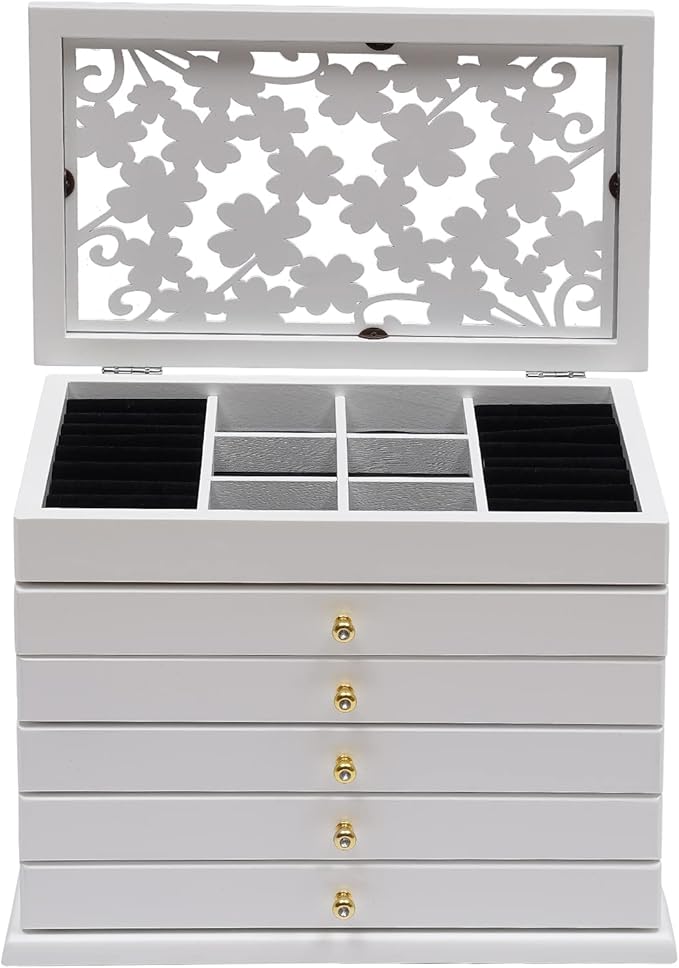 Wood Jewelry Box 6-Tier Large Jewelry Organizer Cabinet with 5 Drawers Women Girls Storage Display Case for Necklace Rings Earrings Accessories, with Mirror and Lock (Without Mirror-white)