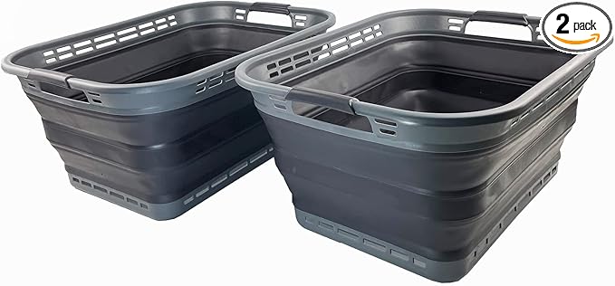 SAMMART 42L (11 Gallons) Collapsible Plastic Laundry Basket - Foldable Pop Up Storage Container/Organizer - Portable Washing Tub - Space Saving Hamper/Basket [BPA Free] (Grey/Nive Iron (Set of 2))