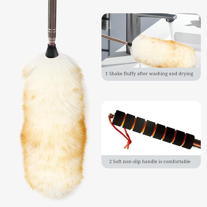 iHUFeather Lambs Wool Extendable Household Cleaning Duster 64" Wall Duster Cleaner with Stainless Steel Long Handle and Extension Pole for Cleaning High Ceiling Fan Interior Roof, Yellow&White