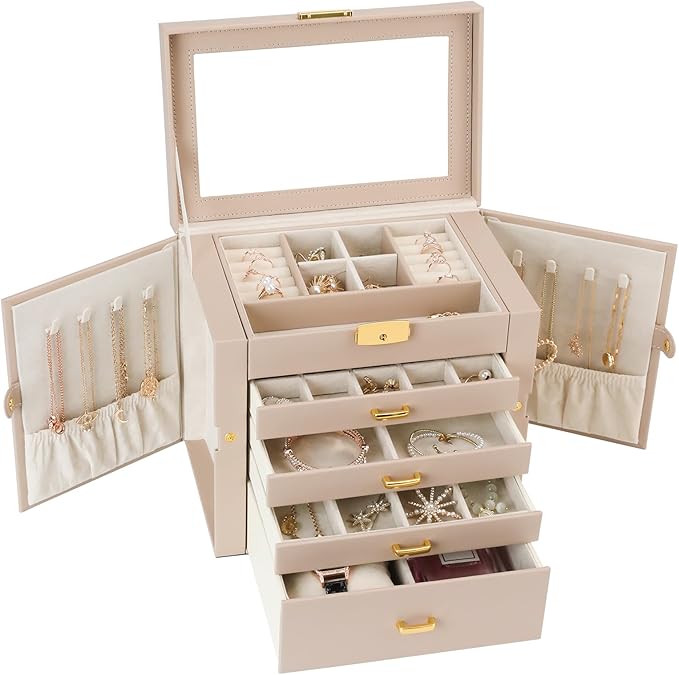 Jewelry Box for Women, 5-Layer Jewelry Organizers Box, Large Jewelry Storage Box for Girls, Jewelry Holder Organizers Gift for Valentine's Day, Christmas (Apricot)