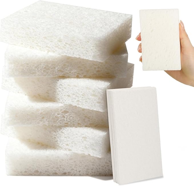 Mkobon 6 Pcs Kitchen Sponges for Dishes Cleaning, Non Scratch for Non Stick Cookware, Compressed Natural Cellulose Sponges, Dish Washing Scrubbers, Scrubbing Pads for Household, Bathroom (White)