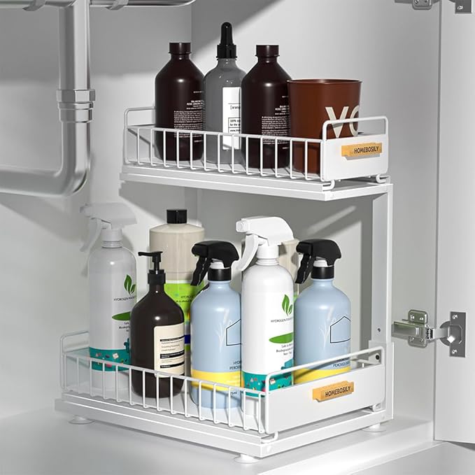 HOMEBOSILY Under Sink Organizer Kitchen, Pull Out Cabinet Organizer 2 Tier Slide Out Sink Shelf Cabinet Storage Shelves, Under Sink Storage for Kitchen Bathroom Cabinet, White, 1 Pack