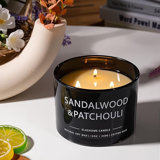 Patchouli & Amber Scented Candle, Luxury Large 3 Wick Soy Candle 12 Oz, 60+ Hour Long Lasting Clean Burn, Elegant Aromatherapy Home Decor, Housewarming & Birthday Gift for Men & Women