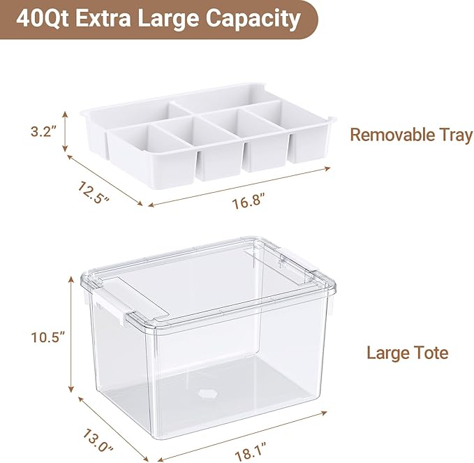 40Qt Plastic Storage Bin with Lid, Clear Latching Organizers Box with Removable Tray, Large Portable Storage Container, for Holiday Ornaments, Home Organization, 1Pack