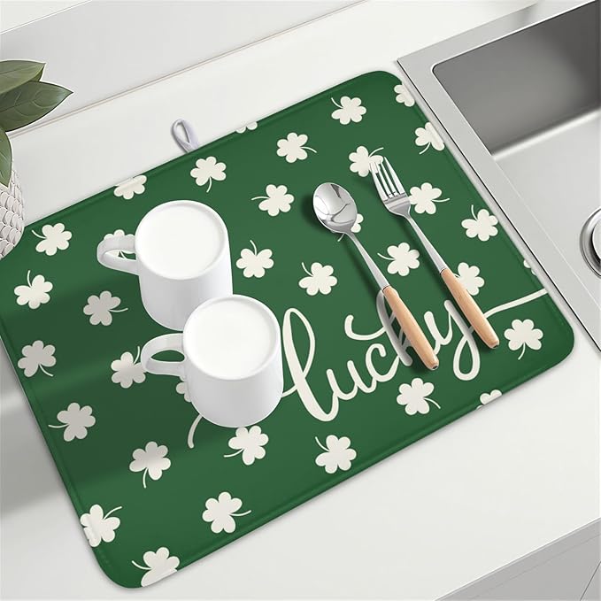 Wnoesat St Patricks Day Lucky Clover Dish Drying Mats for Kitchen Counter Green White Shamrock Dish Drying Pad St Patrick Microfiber Absorbent Reusable Washable Large Dishes Drying Mat 18x24 Inch