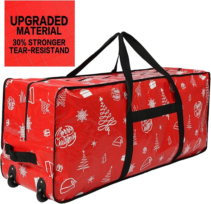 HOMEST Christmas Tree Storage Bag, Fits for 7.5-9 ft Xmas Artificials, Zippered Bag with Reinforced Carrying Handles and Wheels, Red Pattern (Bag Only)