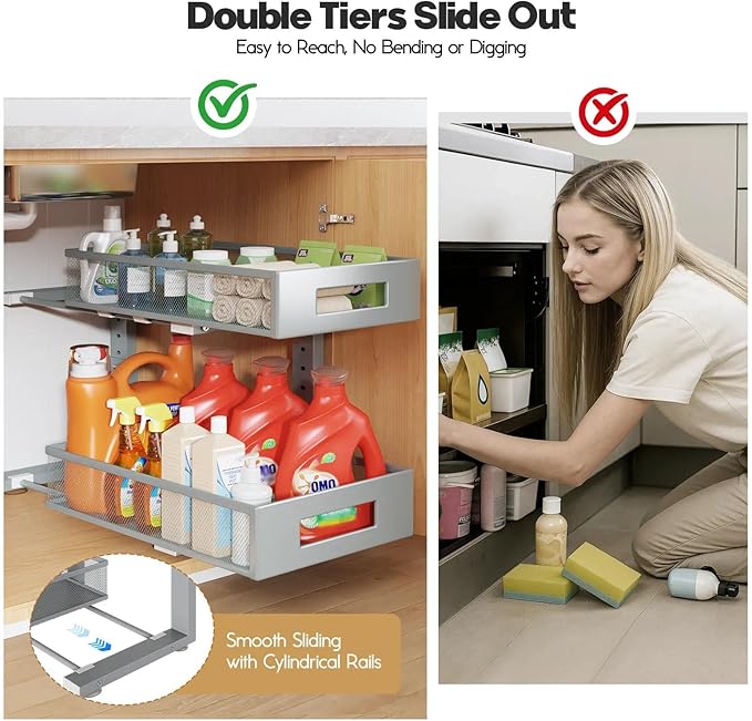 1 Pack 17IN Depth Under Sink Organizer, 2-Tier Pull Out Cabinet Organizer With Smooth Circular Rail, Large Capacity Metal Mesh Sliding Drawers For Bathroom& Kitchen Storage,Height Adjustable-Gun Gray