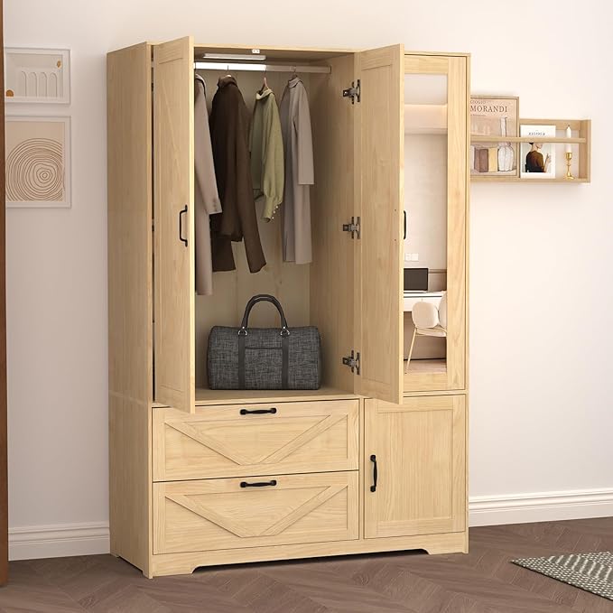 Armoire Wardrobe Closet with Mirror and 2 Drawers, 72''H Bedroom Armoire Wardrobe Cabinet with Hanging Rod and Light,Wooden Bedroom Closet with Adjustable Shelf