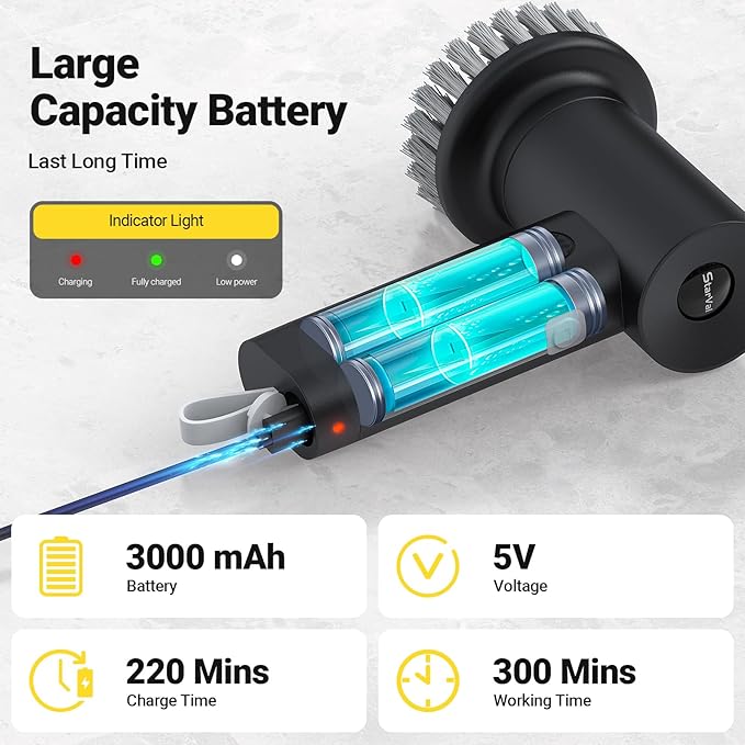 StarVal Electric Spin Scrubber, 3000 mAh Cordless Power Scrubber with 8 Replaceable Heads, Dual Speed Lightweight Handheld Scrubber for Cleaning Stove/Bowl/Sink/Corner/Tile/Grout (Black)