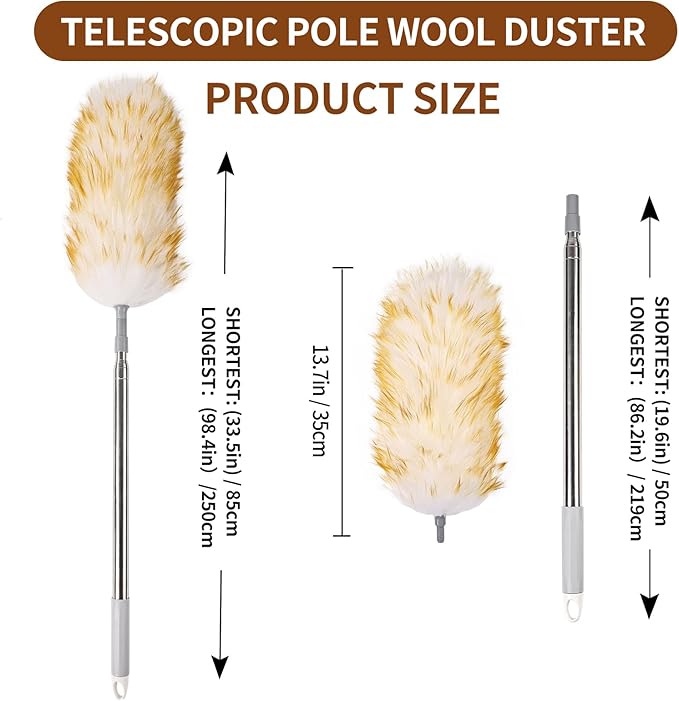 iHUFeather Lambswool Duster for Cleaning with Non-Slip Handle 98.4" Removable Retractable Feather Duster for Cleaning Ceiling Fans Window Blinds Interior Roof Furniture(1PCS)