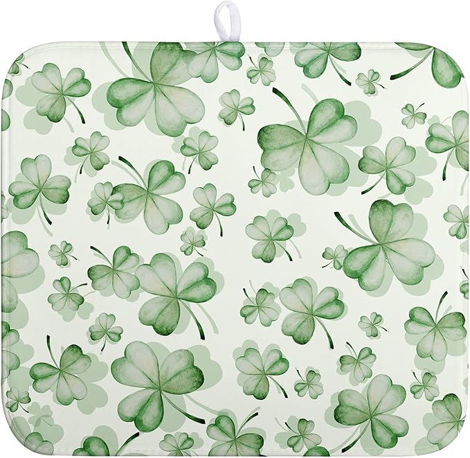 St Patrick's Day Clover Dish Drying Mat for Kitchen Counter Green Lucky Shamrock Microfiber Dish Drainer Mat St. Patrick's Day Absorbent Reversible Drying Pad Spring Sage Leaf Dish Rack Mat 16x18 In