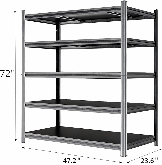 Garage Shelving Unit, Heavy Duty Metal Adjustable Storage, Steel Shelves, Industrial Shelves for Heavy Tools and Equipment, Ideal for Garage, Basement, Black (5-Tier, 72" H x 47.2" W x 23.6" D)