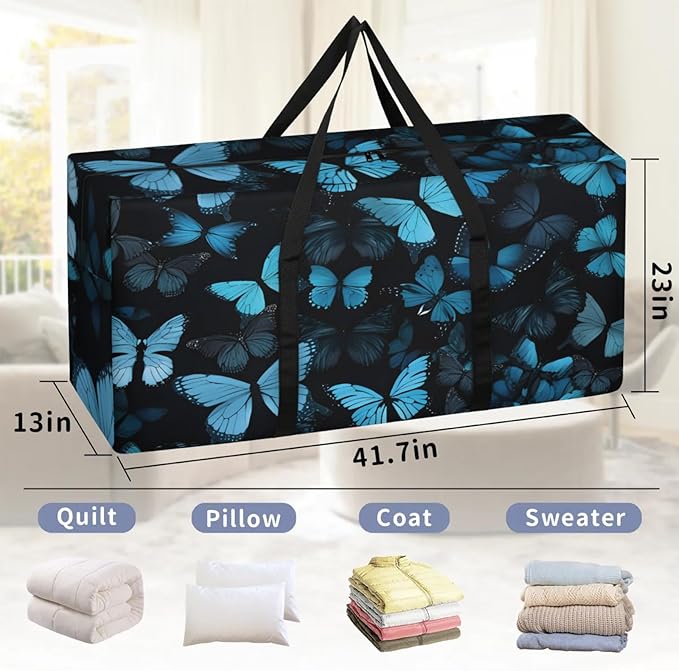 Extra Large Storage Bag with Zipper 54 Gallon Moving Bags Heavy Duty Christmas Tree Storage Bag Packing Bags for Moving, Storage Totes Duffle Bag Waterproof Containers for Organizing (Blue Butterfly)