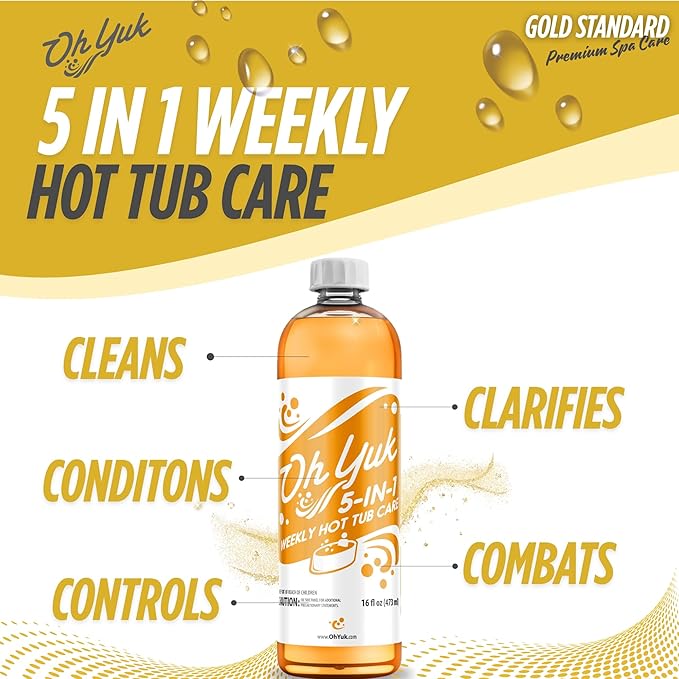 Oh Yuk 5-in-1 Weekly Hot Tub Care – All-in-One Spa Cleaner, Clarifier, Conditioner – Helps Control pH Balance & Combats Buildup – Hot Tub Chemicals for All Types Including Inflatable & Portable –16oz
