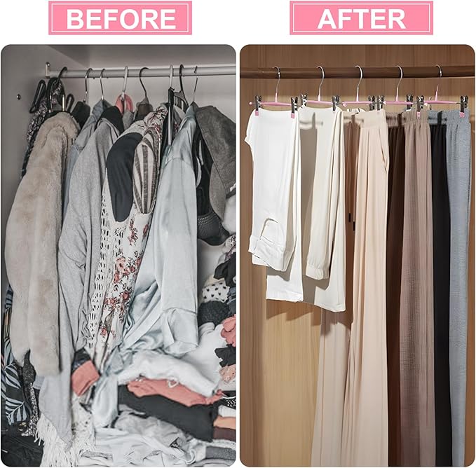 POZEAN Pants Hangers with Clips 50Pack, 12Inch Adjustable Skirt Hangers for Women, Space Saving Non-Slip Hangers for Shorts, Jeans, Coat, Kids' Clothes (Pink, 50Pack)