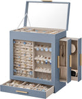 SONGMICS Jewelry Box with Glass Window, 5-Layer Jewelry Organizer with 3 Side Drawers, Jewelry Storage, with Big Mirror, Modern, 6.1 x 10.3 x 12.6 Inches, Smoky Blue and Metallic Gold UJBC162Q01