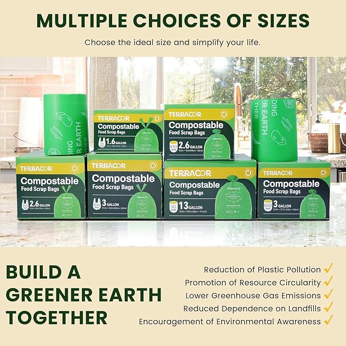 TERRACOR 13 Gallon Compostable Trash Bags, 40 Bags Compost Bags for Countertop Bin, Camping Toilet Bags for Portable Toilet, BPI Certified and Meet The ASTM D6400 Standard