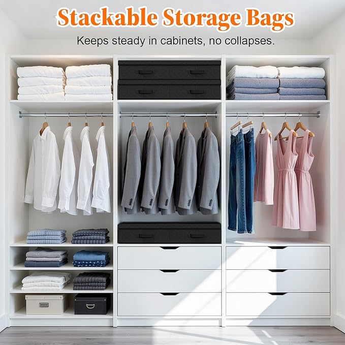 StoreHappily Under Bed Storage Containers with Lids - 3 Pack, Foldable and Stackable Clothes Storage Bags with Clear Window, 3-Sided Handles and Label Slot for Clothing, Blankets, Pillows (Black)