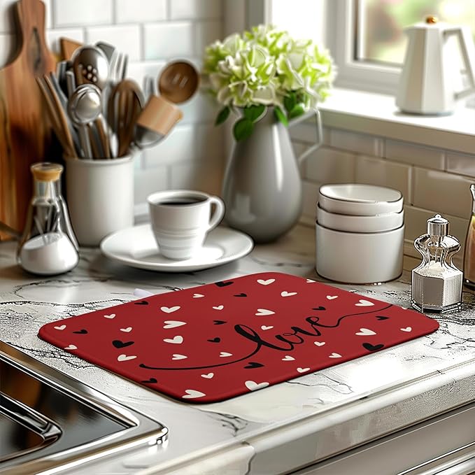 Wnoesat Valentine Dish Drying Mat for Kitchen Counter Valentines Day Red Black Love Heart Holiday Drying Mats Absorbent Microfiber Dish Draining Mat Medium Dish Rack Pad 16x18 Inch