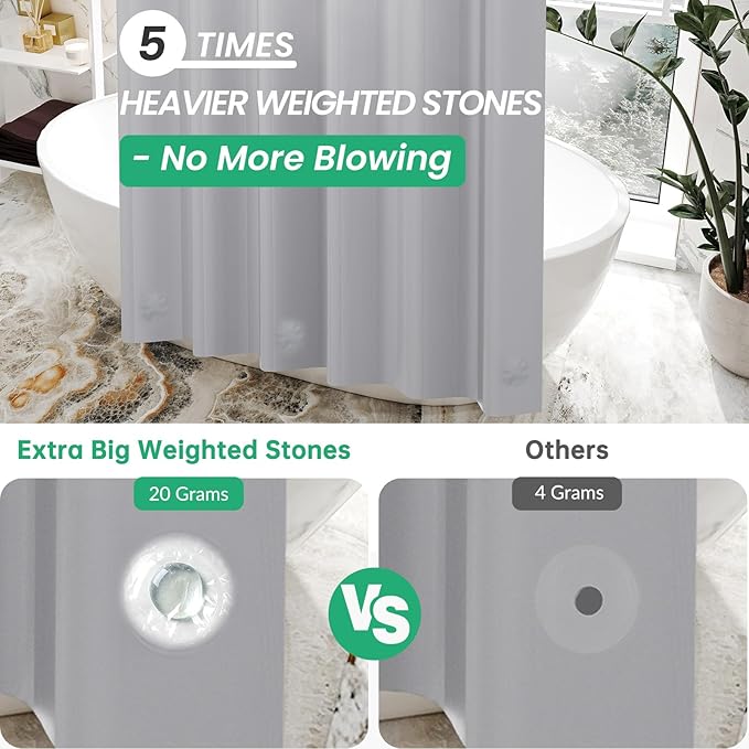 AmazerBath Grey Shower Curtain Plastic, Thick PEVA Shower Curtain Grey, Heavy Duty Shower Curtains for Bathroom, Waterproof Shower Curtain 72x72 with 3 Big Weighted Stones and 12 Rustproof Grommets