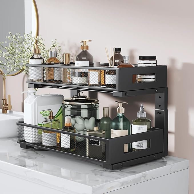 1 Pack 19IN Depth Under Sink Organizer, 2-Tier Pull Out Cabinet Organizer With Smooth Circular Rail, Large Capacity Metal Mesh Sliding Drawers For Bathroom& Kitchen Storage,Height Adjustable-Black