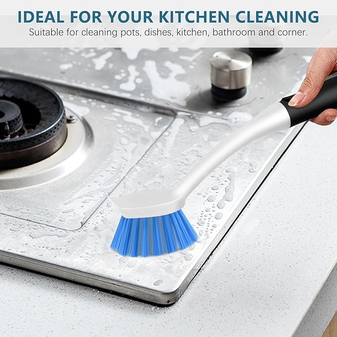 SetSail Dish Brush Set of 3 with Bottle Brush, Dish Scrub Brush with Long Handle Deep Cleaning Handle Brush with Scraper Tip for Kitchen Sink Dishes Bottle Cup Pot and Pans Tile Lines, Black Blue