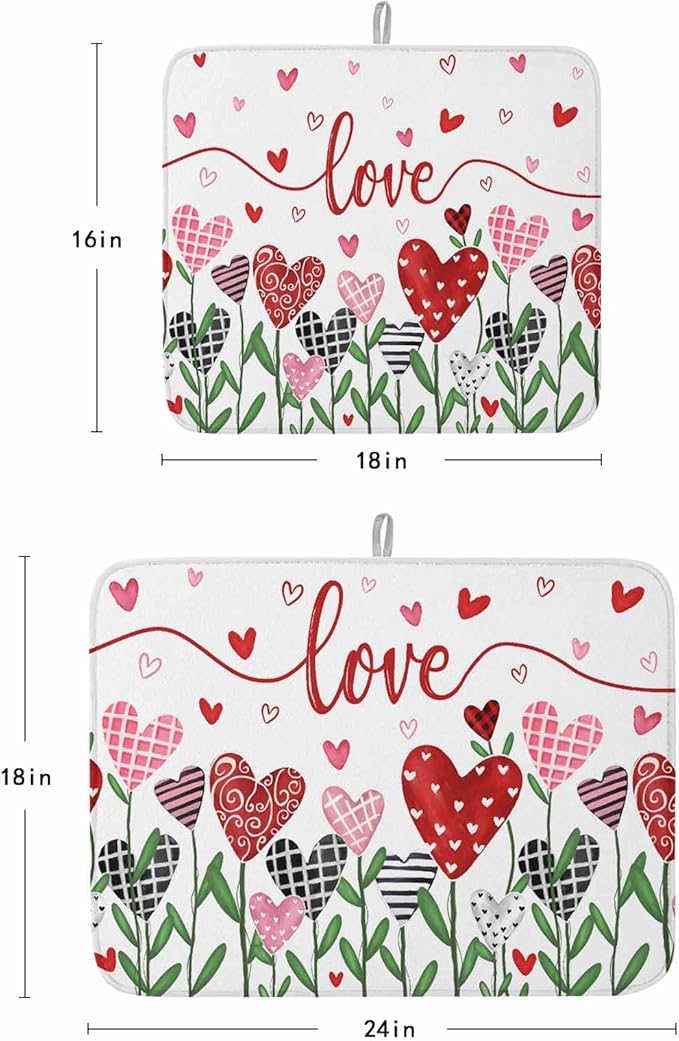 Valentine's Day Dish Drying Mat for Kitchen Counter Pink Red Love Drying Pad Absorbent Drying Mats for Countertops Sinks Draining Racks Romantic Drainer Holiday Decorations 18x24 Inch