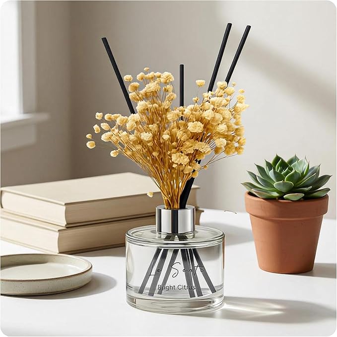 Reed Diffuser Set (6.7fl oz), Natural Bright Citrus Essential Oil Fragrance with Glass Bottle, Black Rattan Sticks & Preserved Flowers, Up to 120 Days Lasting Fragrance for Home & Office