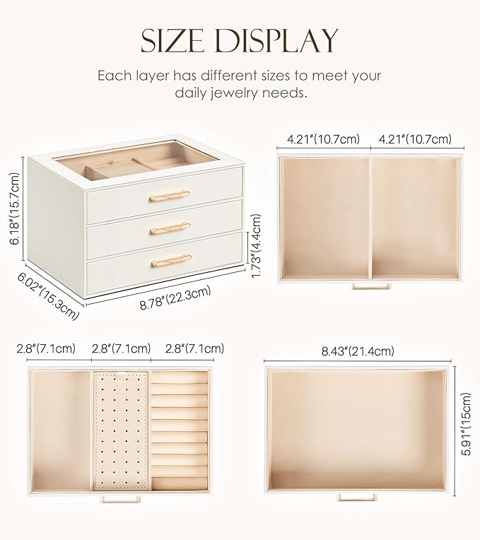 Homde Jewelry Box with Compartments for Women: Big Storage Organizer for Room - Necklace, Earring, Ring Holder for Dresser (White + Pink)