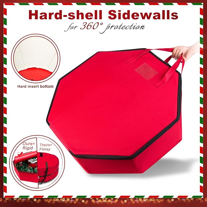 Wreath Storage Christmas Garlands Bag with Interior Pockets Large Xmas Container Box for Holiday Decorations Case with Dual Zipper and Handles Window Labeling Card Slot 24" Red
