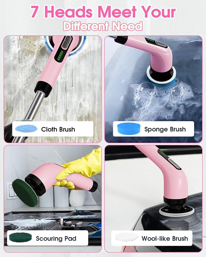 Electric Spin Scrubber for Cleaning Bathroom: Cordless Power Shower Scrubber - Electric Cleaning Brush for Tile Tub - Pink