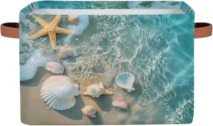 Beach Starfish Seashell Storage Basket for Shelves, Storage Bins with Handles, Collapsible Basket for Organizing, Closet Toy Baskets for Nursery Room, 15x11x9.5 in, Canvas, Ocean Animal