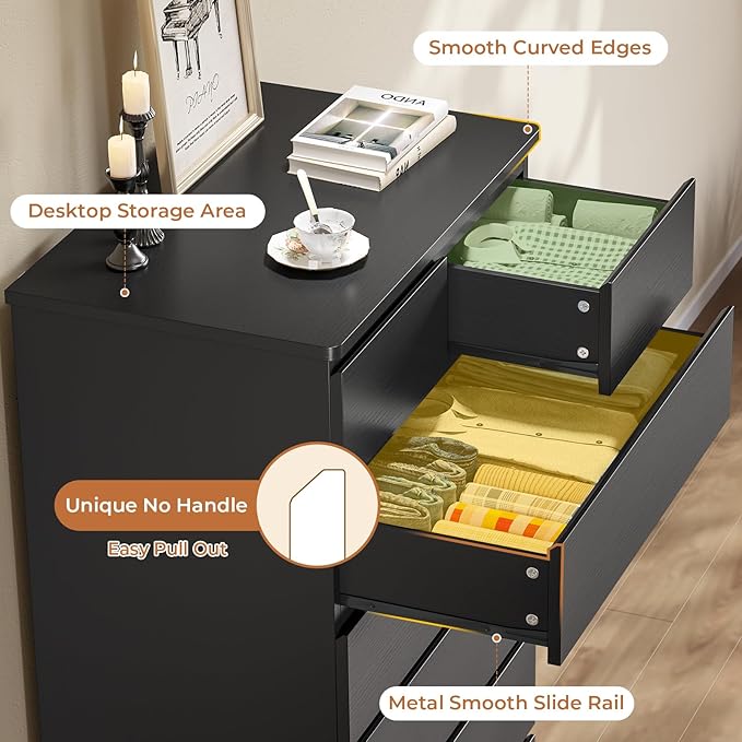 DICTAC Black Tall Dresser for Bedroom with 7 Drawers, 51.8" Tall Dressers & Chests of Drawers, Modern Wood Closet Organizer and Storage Cabinet, Large Vertical Dresser for Bedroom, Closet, Hallway